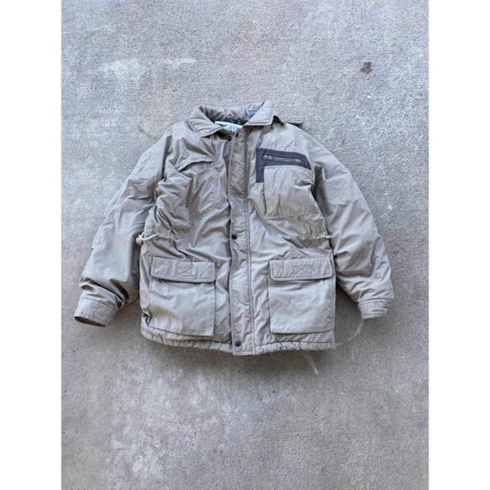 Vintage‎ Loose Parka Jacket Boys XL 18/20 Beige Down Plaid Lined Winter Coat VTG
